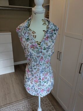 H&M White Floral Button-Down Sleeveless Shirt with Pink & Green Print